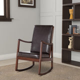 Benzara Wooden Framed Rocking Chair with Leatherette Cushioned Seat and Back, Brown BM196573 Brown Wood and Faux Leather BM196573