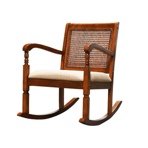 Benzara Wooden Rocking Chair with Mesh Design Back and Fabric Upholstered Seat, Brown and Beige BM196574 Brown Pine Wood and Fabric BM196574