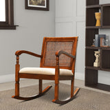 Benzara Wooden Rocking Chair with Mesh Design Back and Fabric Upholstered Seat, Brown and Beige BM196574 Brown Pine Wood and Fabric BM196574