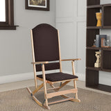 Benzara Wooden Folding Rocking Chair with Woven Fabric Upholstered Seat and Back, Brown BM196595 Brown Rubber Wood, Metal and Fabric BM196595