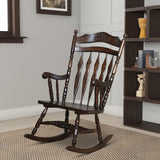 Benzara Traditional Windsor Style Wooden Rocking Chair with Stretchers, Walnut Brown BM196596 Brown Rubber Wood BM196596