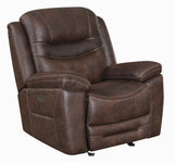 Fabric Upholstered Metal Power Glider Recliner with Padded Armrest, Brown