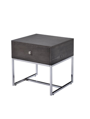 Benzara Wooden End Table with Tubular Metal Base and Spacious Drawer, Gray and Silver BM196688 Gray and Silver Engineered Wood, Wood Veneer and Metal BM196688