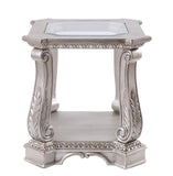 Benzara Antique Wooden End Table with Polyresin Engravings and Glass Top, Silver and Clear BM196703 Silver and Clear Glass, Polyresin, Veneer, Engineered Wood BM196703