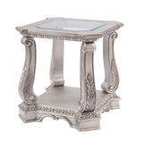 Benzara Antique Wooden End Table with Polyresin Engravings and Glass Top, Silver and Clear BM196703 Silver and Clear Glass, Polyresin, Veneer, Engineered Wood BM196703