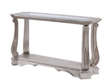 Benzara Antique Sofa Table with Polyresin Engravings and Clear Glass Top, Silver and Clear BM196704 Gold Glass, Polyresin, Veneer, Engineered Wood BM196704