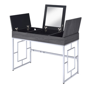 Benzara Wooden Vanity Desk with Three Storage Compartments and Metal Legs, Gray and Silver BM196705 Gray and Silver Metal, Veneer, Engineered Wood BM196705