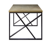 Benzara Wooden Desk with X Shaped Metal Sled Base, Gold and Black BM196713 Gold, Black Metal, Engineered wood BM196713