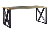 Benzara Wooden Desk with X Shaped Metal Sled Base, Gold and Black BM196713 Gold, Black Metal, Engineered wood BM196713