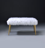 Benzara Faux Fur Bench with Angled Metal Legs, White and Gold BM196715 White, Gold Faux Fur, Metal BM196715