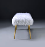 Benzara Faux Fur Bench with Angled Metal Legs, White and Gold BM196715 White, Gold Faux Fur, Metal BM196715