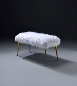 Benzara Faux Fur Bench with Angled Metal Legs, White and Gold BM196715 White, Gold Faux Fur, Metal BM196715