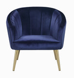 Benzara Velvet Upholstered Accent Chair with Channel Tufted back and Metal Legs, Blue and Brass BM196737 Blue and Brass Plywood, Metal and Velvet BM196737