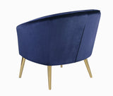 Benzara Velvet Upholstered Accent Chair with Channel Tufted back and Metal Legs, Blue and Brass BM196737 Blue and Brass Plywood, Metal and Velvet BM196737