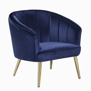 Benzara Velvet Upholstered Accent Chair with Channel Tufted back and Metal Legs, Blue and Brass BM196737 Blue and Brass Plywood, Metal and Velvet BM196737