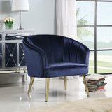 Benzara Velvet Upholstered Accent Chair with Channel Tufted back and Metal Legs, Blue and Brass BM196737 Blue and Brass Plywood, Metal and Velvet BM196737