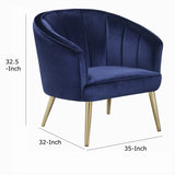 Benzara Velvet Upholstered Accent Chair with Channel Tufted back and Metal Legs, Blue and Brass BM196737 Blue and Brass Plywood, Metal and Velvet BM196737