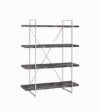 4 Shelve Wood and Metal Bookcase with X shape Back Support, Gray and Silver