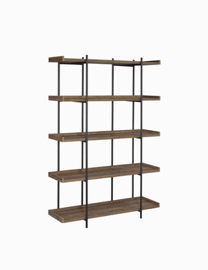 Benzara 5 Tier Metal Framed Bookcase with Wooden Storage Shelves, Large, Brown and Black BM196786 Brown and Black Metal, MDF, particle board BM196786