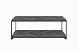 Benzara Metal Frame Coffee Table with Wooden Top and Bottom Shelf, Black and Brown BM196799 Brown wood, Metal and paper Veneer BM196799