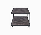 Benzara Metal Frame Coffee Table with Wooden Top and Bottom Shelf, Black and Brown BM196799 Brown wood, Metal and paper Veneer BM196799