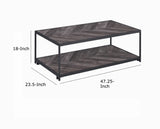 Benzara Metal Frame Coffee Table with Wooden Top and Bottom Shelf, Black and Brown BM196799 Brown wood, Metal and paper Veneer BM196799