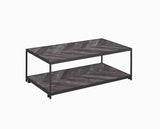 Benzara Metal Frame Coffee Table with Wooden Top and Bottom Shelf, Black and Brown BM196799 Brown wood, Metal and paper Veneer BM196799