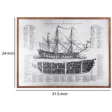 Benzara Antique Ship Blue Print with Wooden Frame, Brown and Silver BM200630 Brown and Silver Fir Wood, and Aluminum BM200630