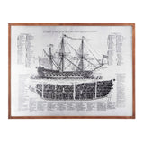 Antique Ship Blue Print with Wooden Frame, Brown and Silver