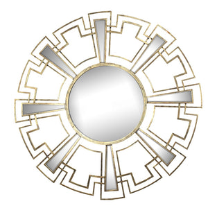 Benzara Round Sunburst Wall Mirror with Geometric Design Metal Frame, Gold BM200654 Gold and Clear Iron, Glass BM200654