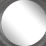 Benzara Round Wall Mirror with Thick Embossed Metal Border, Antique Gray BM200655 Gray Iron, MDF and Mirror BM200655