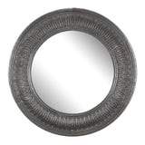 Benzara Round Wall Mirror with Thick Embossed Metal Border, Antique Gray BM200655 Gray Iron, MDF and Mirror BM200655