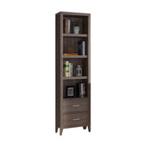 Wooden Media Tower with Four Open Shelves and Two Drawers, Dark Taupe Brown