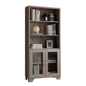 Benzara Wooden Book Cabinet with Three Display Shelves and Two Glass Doors, Taupe Brown BM200680 Brown Wood, Glass and Metal BM200680