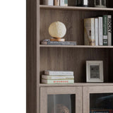 Benzara Wooden Book Cabinet with Three Display Shelves and Two Glass Doors, Taupe Brown BM200680 Brown Wood, Glass and Metal BM200680