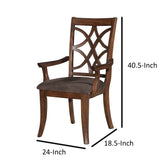 Benzara Wooden Arm Chair with Fabric Padded Seat and Lattice Design Backrest, Brown, Set of Two BM202037 Brown Wood Veneer and Microfiber BM202037