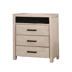 Benzara 3 Drawer Rustic Style Media Chest with Open Compartment, White BM203227 White Solid Wood and Wood Veneer BM203227