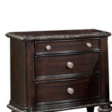 Benzara Wooden 3 Drawer Nightstand with Engraved Edges and Turned Legs, Brown BM203238 Brown Solid Wood and Wood Veneer BM203238