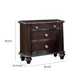 Benzara Wooden 3 Drawer Nightstand with Engraved Edges and Turned Legs, Brown BM203238 Brown Solid Wood and Wood Veneer BM203238