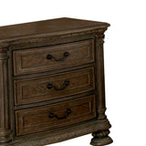 Benzara Wooden Nightstand with 3 Drawers and Intricate Carving Details, Brown BM203243 Brown Solid Wood and Wood Veneer BM203243