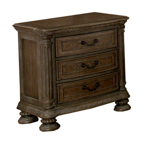 Benzara Wooden Nightstand with 3 Drawers and Intricate Carving Details, Brown BM203243 Brown Solid Wood and Wood Veneer BM203243