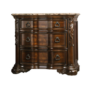 Benzara 3 Drawer Wooden Nightstand with Marble Top and Scrolled Legs, Brown BM203261 Brown Marble, Solid Wood and Wood Veneer BM203261