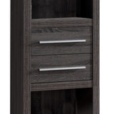 Benzara Wooden Media Tower with 2 Drawers and 3 Shelves, Distressed Gray BM204169 Gray MDF, Wood and Metal BM204169