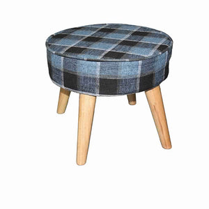Benzara Fabric Upholstered Wooden Footstool with Dowel Legs, Blue and Brown BM204292 Blue and Brown Teak Wood and Fabric BM204292