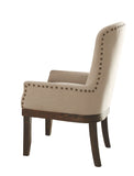 Benzara Wooden Arm Chair with Wing Back and Nailhead Trims, Beige and Brown BM204351 Beige and Brown Wood and Fabric BM204351