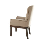 Benzara Wooden Arm Chair with Wing Back and Nailhead Trims, Beige and Brown BM204351 Beige and Brown Wood and Fabric BM204351