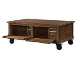 Benzara Wooden Coffee Table with Drop Down Storage and Caster Wheels, Brown BM204474 Brown Wood, Composite Wood BM204474