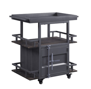 Benzara Metal Serving Cart with 1 Door Storage and 2 Tray Shaped Shelves, Gray BM204490 Gray Metal, Wood and Veneer BM204490