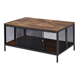 Benzara Metal Coffee Table with 1 Bottom Shelf and Mesh Design, Brown and Gray BM204492 Brown and Gray Metal, Wood and Veneer BM204492