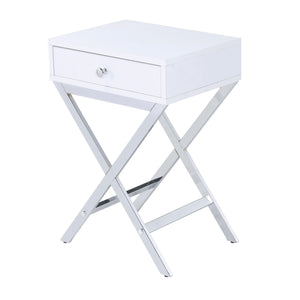 Benzara Wood and Metal Side Table with Crossed Base, White and Silver BM204493 White and Silver Metal, Wood and Veneer BM204493